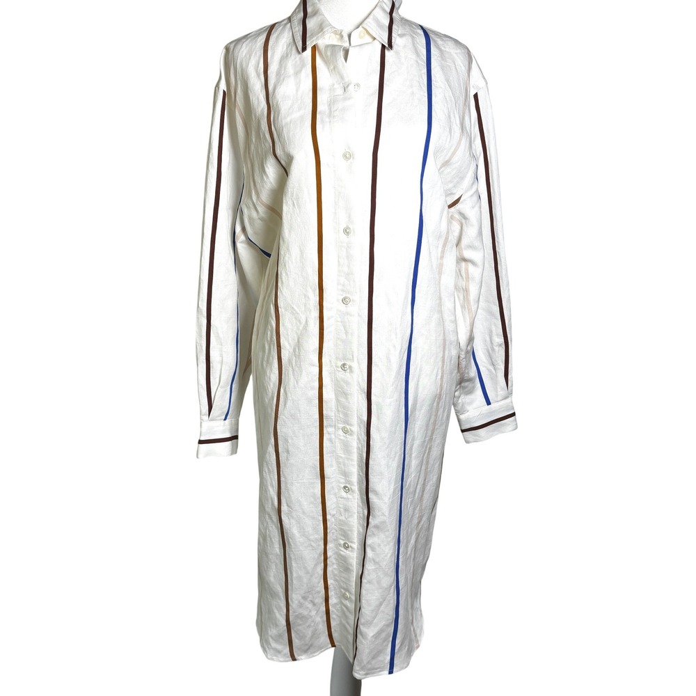 Jenni Kayne Striped Shirt Dress Midi Hi Lo Button‎ Front Collar Quiet Luxury